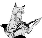  1girl animal_ears arknights closed_mouth collared_shirt commentary cowboy_shot fox_ears fox_girl fox_tail franka_(arknights) greyscale halftone hands_up haruichi_(sazanami_complex) hatching_(texture) holding holding_sword holding_weapon light_smile linear_hatching long_hair looking_up monochrome shirt sidelocks simple_background sleeves_rolled_up solo sword tail tail_raised weapon white_background 