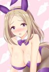  1girl alternate_costume animal_ears bare_shoulders black_pantyhose blonde_hair blush breasts carrot_print cleavage commentary_request ear_covers food_print gurukorian highres horse_ears horse_girl horse_tail large_breasts leotard long_hair looking_at_viewer narita_top_road_(umamusume) open_mouth pantyhose pink_background purple_leotard simple_background solo strapless strapless_leotard tail thigh_strap umamusume yellow_eyes 