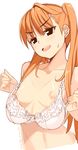  2015 :d blonde_hair bra breast_conscious breasts dated gin_(ginshari) long_hair nipples open_mouth original oversized_clothes small_breasts smile solo sweatdrop twintails underwear white_bra 