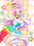  +_+ 1girl annon_(nicoseiga24854531) berry blush choker commentary_request cure_parfait dress earrings elbow_gloves food food-themed_hair_ornament fruit gloves hair_ornament headband jewelry kirakira_precure_a_la_mode leaf long_hair orange_(fruit) pearl_choker pearl_earrings precure star_(symbol) strapless strapless_dress tail white_footwear white_wings wings 