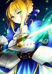  armor armored_dress artoria_pendragon_(all) blonde_hair blue_eyes bow fate/stay_night fate_(series) gauntlets hair_bow highres looking_at_viewer saber sakurako_(moutan) solo sword weapon 