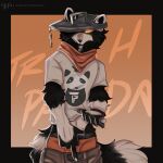 anthro bandanna bulge cerberussenn clothed clothing clothing_lift digital_media_(artwork) english_text epic_games fortnite fur gesture glowing glowing_eyes hand_gesture hi_res kerchief looking_at_viewer male mammal middle_finger procyonid raccoon rufus_(fortnite) simple_background solo tail text topwear trash_can trash_can_lid underwear