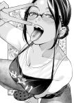  1girl anderson apron bare_shoulders black_apron breasts cleavage collarbone crocs fake_nails glasses highres large_breasts mature_female monochrome official_art open_mouth pants parted_bangs piercing shirt short_hair solo squatting tongue tongue_out tongue_piercing torima_minshuku_yadori_teki_na! v_over_eye watch white_shirt wristwatch yadori_hana 