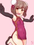  1girl alternate_costume artist_logo black_gloves breasts brown_eyes brown_hair bun_cover china_dress chinese_clothes dated double_bun dress elbow_gloves gloves hair_bun kanon_(kurogane_knights) kantai_collection looking_at_viewer one-hour_drawing_challenge open_mouth outstretched_arms pink_background red_dress round_teeth short_hair simple_background small_breasts solo standing standing_on_one_leg tan_yang_(kancolle) teeth upper_teeth_only yukikaze_(kancolle) 
