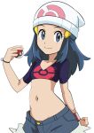  1girl beanie black_hair bracelet closed_mouth commentary_request cropped_shirt dawn_(pokemon) exposed_pocket eyelashes grey_eyes grey_shorts hainchu hair_ornament hairclip hand_up hat highres holding holding_poke_ball jewelry long_hair midriff navel poke_ball poke_ball_(basic) poke_ball_print pokemon pokemon_(anime) pokemon_journeys poketch short_sleeves shorts sidelocks simple_background smile solo watch white_background white_headwear wristwatch 