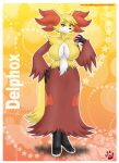 &lt;3 anthro big_breasts black_body black_feet black_fur black_hands breasts character_name delphox feet female fur generation_6_pokemon holding_object holding_pokeball looking_at_viewer multicolored_body multicolored_fur nintendo pokeball pokemon pokemon_(species) pokemorph red_body red_eyes red_fur shinn solo star white_body white_fur yellow_body yellow_fur