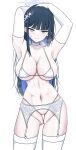  1girl armpits bikini black_hair blue_archive blue_eyes blush breasts choker closed_mouth collarbone earrings elbow_gloves garter_straps gloves halo highres jewelry large_breasts long_hair micro_bikini navel official_alternate_costume presenting_armpit sakurein saori_(blue_archive) saori_(dress)_(blue_archive) simple_background solo swimsuit thighhighs white_background white_bikini white_choker white_gloves white_thighhighs 