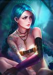  bare_shoulders belt blue_hair breasts bullet_necklace cleavage hair_ornament hairclip jinx_(league_of_legends) large_breasts league_of_legends lips long_hair looking_to_the_side naked_belt nudtawut_thongmai signature solo tattoo very_long_hair yellow_eyes 