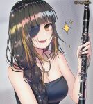  1girl black_dress braid brown_eyes brown_hair dress eyepatch girls&#039;_frontline hanato_(seonoaiko) highres holding holding_instrument instrument jewelry long_hair m16a1_(girls&#039;_frontline) mole mole_under_eye multicolored_hair necklace open_mouth scar 