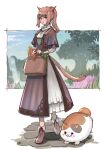  1girl animal_ears bag baguette bread brown_hair cam_(cammero95713700) cat_ears cat_tail dress facial_mark fat_cat_(ff14) final_fantasy final_fantasy_xiv food glasses highres holding holding_bag jewelry long_hair open_mouth pendant ponytail red_eyes round_eyewear solo tail warrior_of_light_(ff14) whisker_markings 