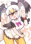  1girl :3 bird bird_girl bird_tail bird_wings black-tailed_gull_(kemono_friends) black_hair blonde_hair blush bow bowtie breasts cat_day dress grey_hair hair_between_eyes head_wings highres kemono_friends kemono_friends_3 large_breasts long_hair looking_at_viewer multicolored_hair open_mouth pantyhose paw_pose sailor_dress seagull short_sleeves smile solo tail tanaka_kusao white_hair wings yellow_eyes yellow_pantyhose 
