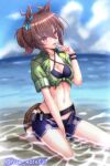  1girl agnes_tachyon_(lunatic_lab)_(umamusume) agnes_tachyon_(umamusume) ahoge animal_ears arm_up barefoot beach bikini black_bikini blue_sky blush bracelet breasts brown_hair cleavage cleavage_cutout clothing_cutout commentary_request criss-cross_halter cross-laced_footwear denim denim_shorts finger_to_mouth free_note017 green_shirt grin hair_between_eyes halterneck horse_ears horse_girl horse_tail jewelry kii-kun_(agnes_tachyon)_(umamusume) medium_breasts navel official_alternate_costume on_ground open_clothes open_fly open_shorts sand shirt short_hair shorts sitting sky sleeves_rolled_up smile solo summer swimsuit tail test_tube thigh_strap tied_shirt umamusume wariza water 