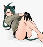  1girl ahoge androgynous animal_ears bare_legs barefoot black_gloves black_necktie black_panties bright_pupils cat_ears cat_girl cat_tail collared_shirt commentary_request covered_mouth ear_piercing earrings feet genjitsu_o_miro gloves green_hair grey_background grey_shirt highres jewelry kemonomimi_mode knees_up legs long_hair looking_at_viewer necktie no_pants panties piercing pokemon pokemon_sv ponytail red_eyes rika_(pokemon) shirt side-tie_panties simple_background sleeves_rolled_up solo tail thighs twitter_username underwear white_pupils 