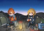  2girls absurdres ahoge beanie black_footwear black_jacket black_shorts blonde_hair blue_eyes blue_pants blue_scarf bright_pupils campfire camping camping_chair claymore_(mine) cooler cup dawn drinking explosive glasses hat highres holding holding_cup indie_virtual_youtuber jacket long_hair mako_fukasame mine_(weapon) mountainous_horizon multiple_girls open_mouth orange_eyes orange_hair orange_sweater pants scarf second-party_source shorts sidelocks sitting sky srtdrawart sweater tent thermos unworn_headwear virtual_youtuber whiskey_project white_pupils 