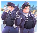  2boys absurdres bara belly cowboy_shot facial_hair fat from_side glove_in_mouth gloves goatee_stubble highres looking_ahead male_focus medium_sideburns mouth_hold multiple_boys original osu_(osumankokuou) police police_uniform policeman profile side-by-side sideburns_stubble standing stubble thick_eyebrows uniform 