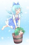  barefoot bell blue_hair bow bucket cirno closed_eyes flying green_eyes green_hair hair_bell hair_bow hair_ornament heart heart-shaped_pupils ice ice_wings in_bucket in_container kisume mickeysmith multiple_girls open_mouth snowflakes sparkle symbol-shaped_pupils touhou twintails wings wooden_bucket 