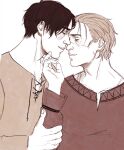  2boys black_hair brown_hair couple crossover eren_yeager forehead-to-forehead from_side hand_on_another&#039;s_arm hand_on_another&#039;s_chin heads_together highres lauregal_art male_focus multiple_boys profile shingeki_no_kyojin shirt short_hair smile thick_eyebrows thorfinn upper_body vinland_saga yaoi 
