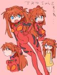  :o barefoot bodysuit breasts brown_hair chibi dress hair_between_eyes hair_ornament hand_on_own_hip highres long_hair looking_at_viewer neon_genesis_evangelion pilot_suit plugsuit red_bodysuit shiny_clothes simple_background skin_tight smile solo souryuu_asuka_langley standing szk5355 translation_request tsundere two_side_up variations very_long_hair wide_hips yellow_dress 