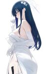  1girl ass bare_shoulders black_hair blue_archive blue_eyes breasts dress halo large_breasts long_hair looking_at_viewer looking_back preview_(preview0) saori_(blue_archive) saori_(dress)_(blue_archive) solo white_dress 
