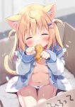  1girl ^_^ animal_ear_fluff animal_ears bare_shoulders blonde_hair blue_eyes blue_sailor_collar blurry blurry_background blush bow bow_panties box breasts cardboard_box cat_ears cat_girl cat_tail closed_eyes closed_mouth collar commentary_request depth_of_field dress facing_viewer food_in_mouth for_adoption hair_between_eyes hair_ornament hairclip hands_up heart in_box in_container indoors long_hair long_sleeves mouth_hold nail_polish navel original pan_(mimi) panties paw_pose pink_nails puffy_long_sleeves puffy_sleeves red_collar sailor_collar sailor_dress sleeves_past_wrists small_breasts solo tail ten-chan_(pan_(mimi)) two_side_up underwear very_long_hair white_dress white_panties 