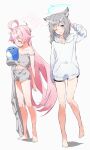  2girls ahoge animal_ear_fluff animal_ears barefoot blue_archive blue_eyes blue_halo blush camisole collarbone extra_ears grey_camisole grey_hair grey_shorts halo highres hood hoodie hoshino_(blue_archive) kuu_(user_gngs5284) long_hair long_sleeves looking_at_viewer medium_hair multiple_girls navel one_eye_closed open_mouth pink_hair pink_halo shiroko_(blue_archive) shorts simple_background toes white_background white_hoodie wolf_ears 