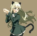  :d animal_ears bad_id bad_pixiv_id black_legwear blonde_hair brown_background cat_ears cat_tail cravat hands_clasped long_hair long_sleeves military military_uniform open_mouth own_hands_together pantyhose perrine_h_clostermann shiratama_(hockey) simple_background smile solo strike_witches tail uniform world_witches_series yellow_eyes 