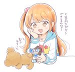 1girl :d amamiya_rizumu brown_eyes commentary_request hand_on_own_cheek hand_on_own_face hand_up holding hood hood_down hooded_jacket jacket long_hair long_sleeves open_mouth orange_hair pretty_rhythm pretty_rhythm_aurora_dream pretty_series side_ponytail smile solo stuffed_animal stuffed_toy teddy_bear terayamaden translation_request upper_body white_background white_jacket 
