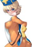  1girl alternate_costume ass blonde_hair blue_eyes blush bodysuit braid breasts cosplay darjeeling_(girls_und_panzer) french_braid girls_und_panzer gloves highres kuzuryuu_kennosuke large_breasts looking_at_viewer orange_bodysuit simple_background skin_tight solo white_background yellow_gloves 