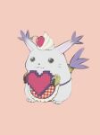  apron cat cat_day cream_puff digimon digimon_(creature) fang fat_pikachu_(meme) food full_body heart highres holding holding_heart mas_square meme no_humans pokemon simple_background solo standing tail tail_ornament tail_ring tailmon 