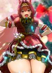  1girl absurdres animal_ears arm_behind_back arm_garter azuki_(azuki_azukki) bare_shoulders black_skirt black_thighhighs blurry blurry_background bow bowtie breasts brown_hair christmas_tree commentary_request cowboy_shot daiwa_scarlet_(scarlet_nuit_etoile)_(umamusume) daiwa_scarlet_(umamusume) dress ear_covers fang fur-trimmed_gloves fur_trim gloves hair_between_eyes hair_intakes hand_on_own_hip hand_up highres horse_ears horse_girl long_hair looking_at_viewer medium_breasts miniskirt open_mouth red_dress red_eyes red_gloves short_dress single_ear_cover skirt sleeveless sleeveless_dress smile solo thighhighs tiara umamusume 