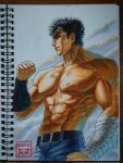  1boy abs bara black_hair clenched_hand colored_pencil_(medium) cowboy_shot denim highres hokuto_no_ken jeans kenshiro large_pectorals looking_ahead male_focus mature_male maya_panda multicolored_hair muscular muscular_male navel navel_hair nipples pants pectorals photo_(medium) scar scar_on_chest short_hair solo standing stomach streaked_hair sunlight thick_eyebrows topless_male traditional_media veiny_pectorals wavy_hair 