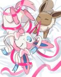  anzu_(01010611) aqua_eyes bright_pupils closed_eyes closed_mouth commentary_request eevee from_above lying mouth_hold no_humans on_back one_eye_closed pink_ribbon pokemon pokemon_(creature) pulling ribbon sylveon white_pupils 