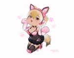  1girl animal_ears beleven blonde_hair boots camisole choker coyote_(kemono_friends) extra_ears gloves headphones highres kemono_friends kemono_friends_v_project looking_at_viewer lucky_chloe parody short_hair simple_background skirt solo tail tekken thighhighs virtual_youtuber wolf_ears wolf_girl wolf_tail yellow_eyes 