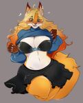 anthro big_breasts blush bottomwear breasts bunnywhiskerz canid canine clothed clothing clothing_lift ear_piercing female fox hi_res mammal mature_female piercing remillia_pherotas shirt shirt_lift skirt solo sweater thick_thighs topwear turtleneck