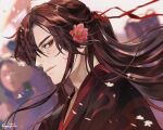  1boy 66patch artist_name black_hair black_hanfu chinese_clothes crowd falling_petals flower from_side hair_flower hair_ornament hair_ribbon half_updo hanfu highres long_hair looking_back modao_zushi petals ponytail red_eyes red_flower ribbon smile wei_wuxian wind wind_lift 