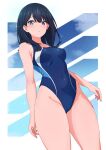 1girl black_hair blue_eyes blue_one-piece_swimsuit breasts commentary_request competition_swimsuit covered_navel gridman_universe highres kamidan long_hair looking_at_viewer medium_breasts multicolored_clothes multicolored_swimsuit official_alternate_costume one-piece_swimsuit parted_lips solo ssss.gridman standing swimsuit takarada_rikka thighs 