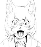  1girl animal_ear_fluff animal_ears body_fur cat_ears cat_girl cat_tail dungeon_meshi english_commentary fangs fed_by_viewer feeding food greyscale hair_between_eyes highres izutsumi looking_down monochrome open_mouth portrait saliva short_hair simple_background solo spoon sweat tail tongue tongue_out twitter_username yunkey 