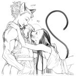  1boy 1girl animal_ears bare_arms bare_shoulders blood blood_on_face breasts cat_boy cat_ears cat_girl cat_tail commentary dead_animal ears_down english_commentary eye_contact from_side genderswap genderswap_(mtf) greyscale hair_over_breasts hair_slicked_back hand_in_pocket hand_on_another&#039;s_back hand_on_another&#039;s_shoulder highres hisoka_morow holding_another&#039;s_tail hunter_x_hunter hxhjjjj_h_9 illumi_zoldyck kemonomimi_mode korean_text large_breasts leaning_forward long_hair looking_at_another looking_down looking_up monochrome muscular muscular_male rabbit short_hair simple_background sleeveless tail tail_raised trembling 