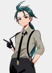  1girl ahoge artist_name black_gloves black_pants collared_shirt ear_piercing earrings genjitsu_o_miro gloves green_hair highres jewelry long_hair low_ponytail pants piercing pokemon pokemon_sv ponytail red_eyes rika_(pokemon) shirt solo suspenders suspenders_pull 