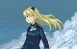  animal_ears bad_id bad_pixiv_id blonde_hair blue_sky cat_ears cloud cravat day glasses long_hair long_sleeves military military_uniform perrine_h_clostermann shiratama_(hockey) sideways_mouth sky solo strike_witches uniform world_witches_series yellow_eyes 