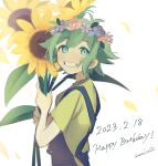  1boy antenna_hair aqua_eyes basil_(headspace)_(omori) basil_(omori) blue_overalls dated falling_petals flower green_hair green_shirt grin hair_between_eyes hanakiri22 happy_birthday head_wreath holding holding_flower looking_at_viewer looking_back omori overalls petals shirt short_hair short_sleeves smile solo sunflower white_background 