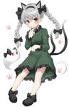  1girl :3 absurdres animal_ears black_bow black_footwear black_hairband blush bow braid cat_day cat_ears cat_tail closed_mouth commentary_request cosplay dress frilled_dress frilled_sleeves frills full_body green_dress grey_hair hair_between_eyes hair_bow hairband hand_up highres juliet_sleeves kaenbyou_rin kaenbyou_rin_(cosplay) konpaku_youmu long_hair long_sleeves looking_at_viewer multiple_tails paw_print pointy_ears puffy_sleeves red_eyes shoes simple_background smile solo standing tail tail_raised touhou twin_braids two_tails white_background youmu-kun 