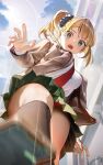  1girl absurdres blonde_hair blue_eyes blush breasts brown_jacket brown_thighhighs green_skirt highres jacket large_breasts long_hair long_sleeves looking_at_viewer nanaken_nana necktie open_mouth original shirt skirt solo thighhighs white_shirt 