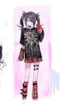  1girl absurdres ame-chan_(needy_girl_overdose) arm_warmers black_choker black_hair black_shirt cellphone choker cropped_legs hair_ornament hair_over_one_eye highres holding holding_phone leg_warmers long_hair looking_at_viewer needy_girl_overdose o-ring o-ring_thigh_strap official_alternate_costume phone plaid plaid_skirt pleated_skirt red_skirt shirt skeleton_print skirt smartphone solo standing t-shirt thigh_strap twintails x_hair_ornament yuuli_(tuna221022) 