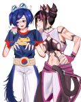  2girls ? animal_ears animal_print belt black_hair blue_hair bracelet breasts cat_ears cleavage dan_koflove fingerless_gloves frog_print gloves han_juri highres jewelry koflove large_breasts may_lee multicolored_hair multiple_girls purple_hair scared spiked_bracelet spikes street_fighter the_king_of_fighters 