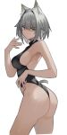  1girl alternate_costume animal_ear_fluff animal_ears arknights ass bare_shoulders black_leotard breasts cat_ears cat_girl cropped_legs from_side green_eyes grey_hair kal&#039;tsit_(arknights) leotard looking_at_viewer looking_to_the_side nuggetkouhai short_hair simple_background solo tail thighs turtleneck_leotard white_background 