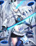  1girl alpha_(punishing:_gray_raven) black_rock_shooter black_shorts blue_eyes chain dual_wielding flaming_eye grey_eyes highres holding holding_sword holding_weapon jacket katana long_hair long_sleeves lucia:_crimson_weave_(punishing:_gray_raven) mechanical_arms mechanical_hands mechanical_legs midriff navel punishing:_gray_raven short_shorts shorts sidelocks single_mechanical_leg solo spiritdraws star_tattoo stomach_tattoo sword tattoo weapon white_hair white_jacket wide_ponytail 