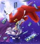  blue_eyes cape card formal gloves hat jack_jones joker_(kaitou_joker) kaitou_joker male_focus mask midair moon necktie night open_mouth silver_hair sky smile solo star_(sky) starry_sky suit top_hat upside-down white_gloves 