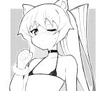  1girl amatsukaze_(kancolle) animal_ears ataru_(ataru-littlebird) bikini cat_ears choker collarbone flat_chest greyscale highres kantai_collection looking_at_viewer micro_bikini monochrome one_eye_closed solo sweat swimsuit two_side_up upper_body 