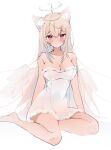  1girl absurdres animal_ear_fluff animal_ears bare_arms bare_legs bare_shoulders barefoot blonde_hair blue_hair blush breasts cleavage dog_ears dress fake_halo fuwawa_abyssgard halo highres hololive hololive_english large_breasts long_hair looking_at_viewer meiwowowo parted_lips pink_eyes see-through simple_background sitting strapless very_long_hair white_background white_dress wings 